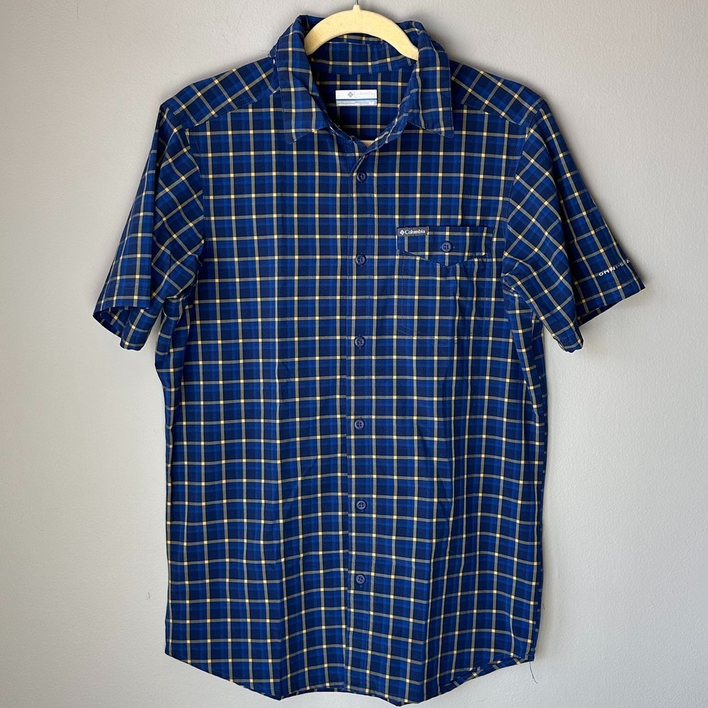 Columbia Button-Up Shirt‎ Men Small Blue Plaid Omni Shade Performance Fishing